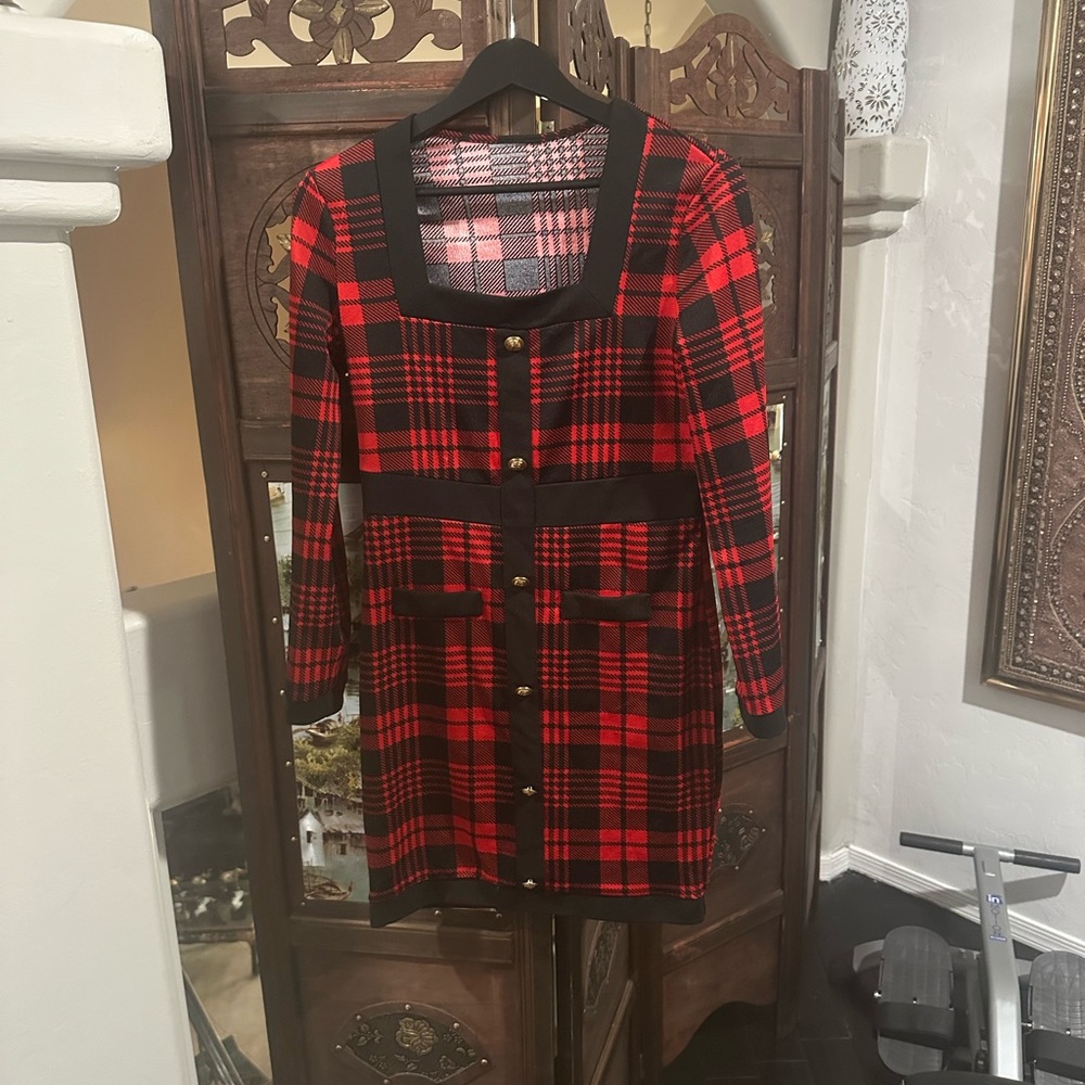 Red and Black Plaid Cardigan